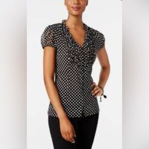 INC International Concepts Black and White Ruffled Notched Collar Blouse